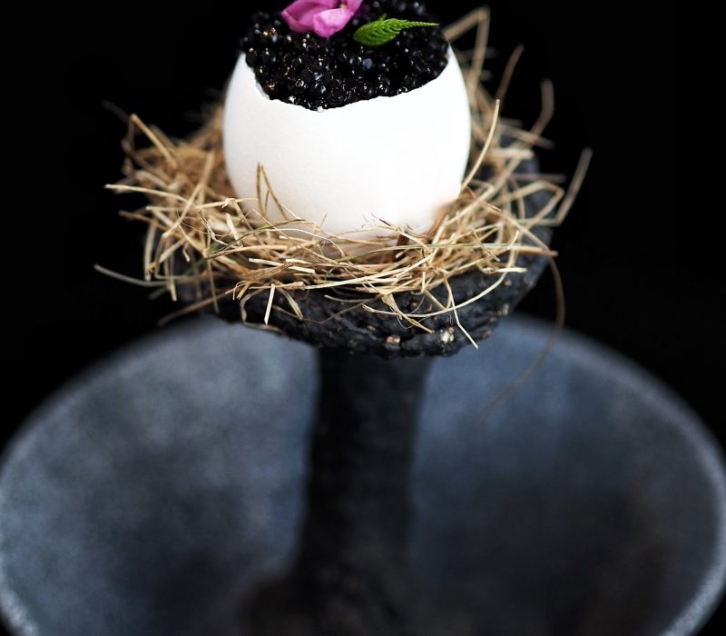 Luxurious egg shell filled with caviar and garnished with edible flowers – a refined Nordic creation for private yacht events and Michelin-level celebrations.